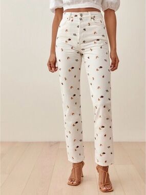 Reformation White Fruit Straight Leg Jeans
